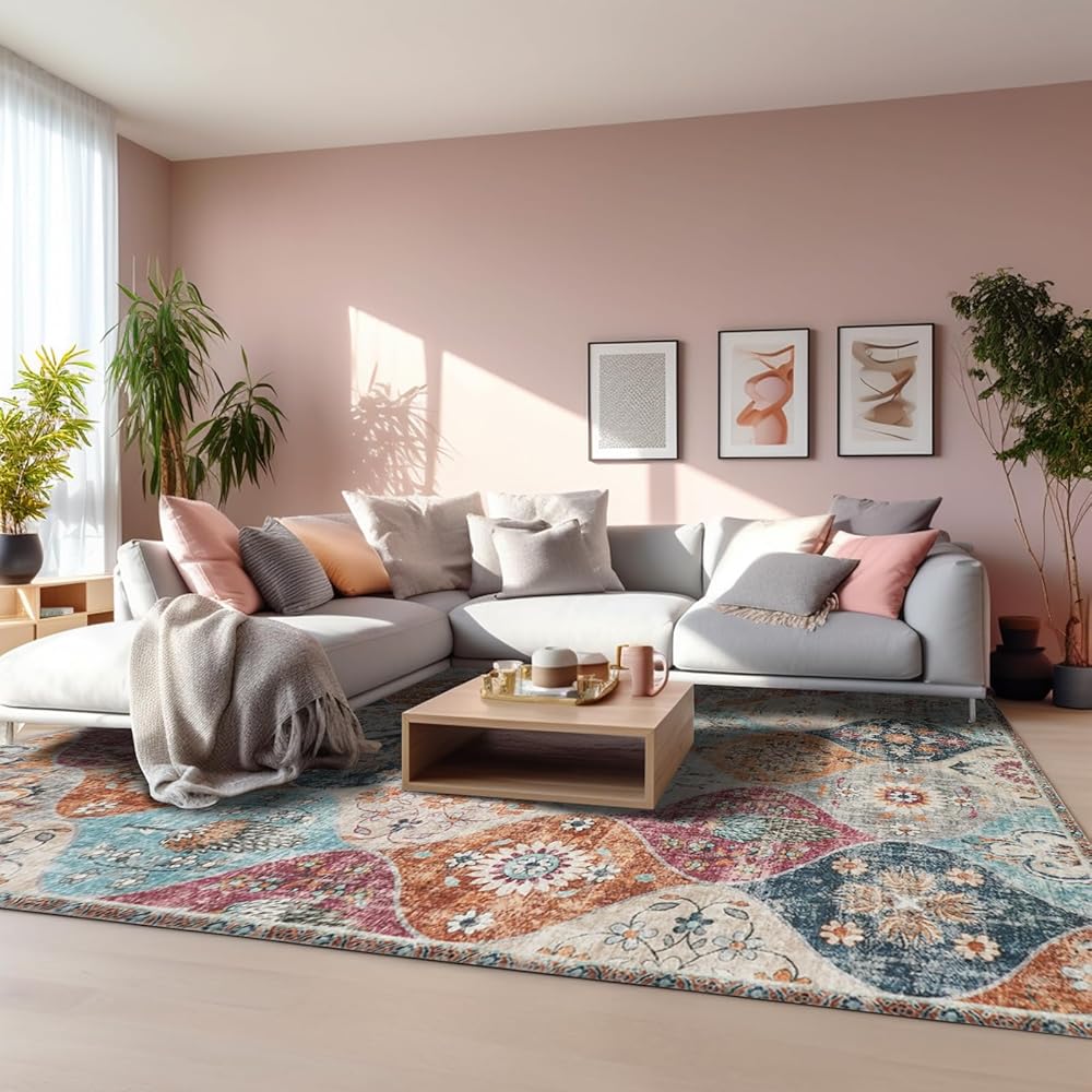 Xfrog Tapis bohème, antidérapant, lavable, ultra doux, antique, à poils bas, pour salon, chambre à coucher, chambre d'enfant, 160 x 230 cm : Cuisine et Maison