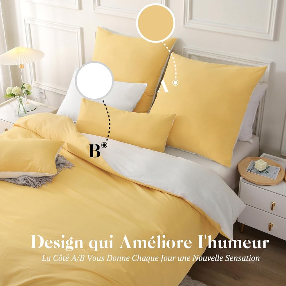 SOULFUL Housse de Couette 240x260 Coton, Jaune Ensembles de Housse de Couette avec Fermeture Éclair, 100% Coton Lavé, Texture Lin, Parure de Lit 240x260 Coton avec 2 Taie d'oreiller 65x65 cm : Cuisine et Maison