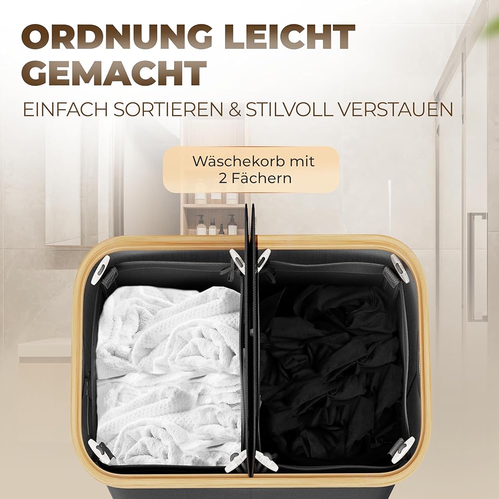 Panier à linge 2 compartiments avec couvercle,100 litres,Tissu bambou gris,Grand,Panier à linge avec couvercle,Panier à linge,Gris foncé,Anthracite,Noir,Laundry Hamper,Celeko foncé,100 l : Cuisine et Maison