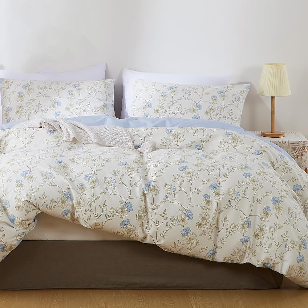 Michorinee Housse de Couette Coton 220x240 Fleurs Bleu et Blanc - 100% Coton Parure de Lit Motif Floral - Parure Housse Couette 2 Personnes avec 2 Taies d'oreiller 65x65 cm Fermeture Éclair : Cuisine et Maison