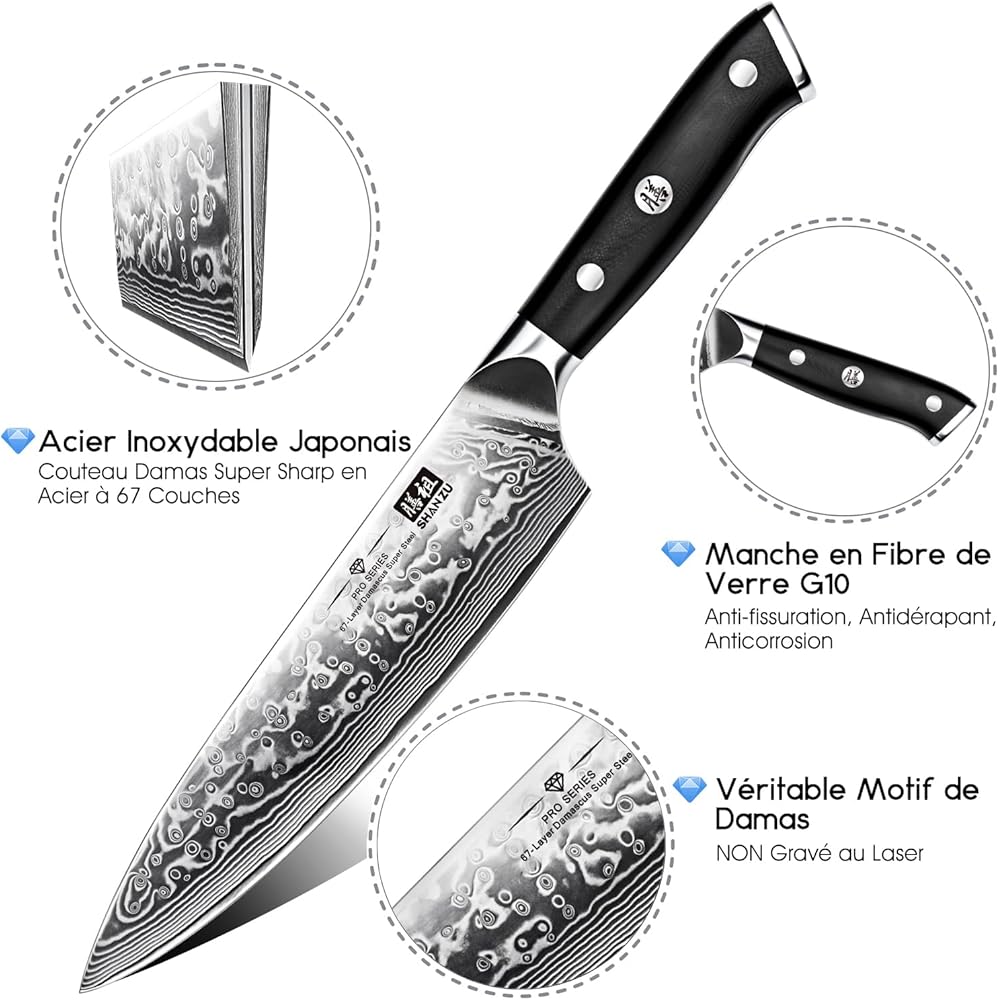 SHAN ZU Couteau Japonais de Chef 20cm, Couteau Damas en Acier Japonais 67 Couches Super Tranchant, Poignée G10 - PRO Series : Cuisine et Maison
