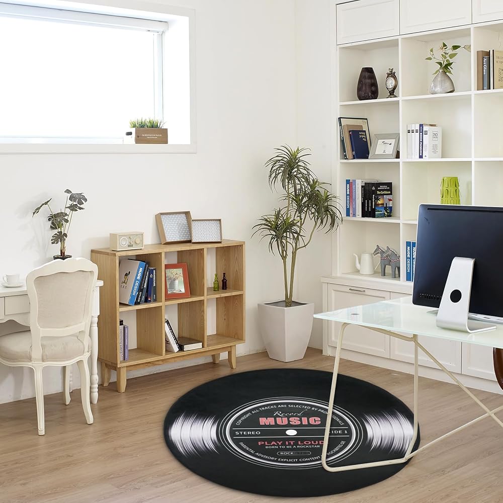 KRIPINC Tapis Disque Vinyle, Tapis Musique, Tapis Rond 120, Tapis Poil Ras, Tapis en 3D, Tapis Rond Moderne pour Salle de Musique, Salon, Chambre, Salle de Jeux (120x120cm, Style C) : Cuisine et Maison