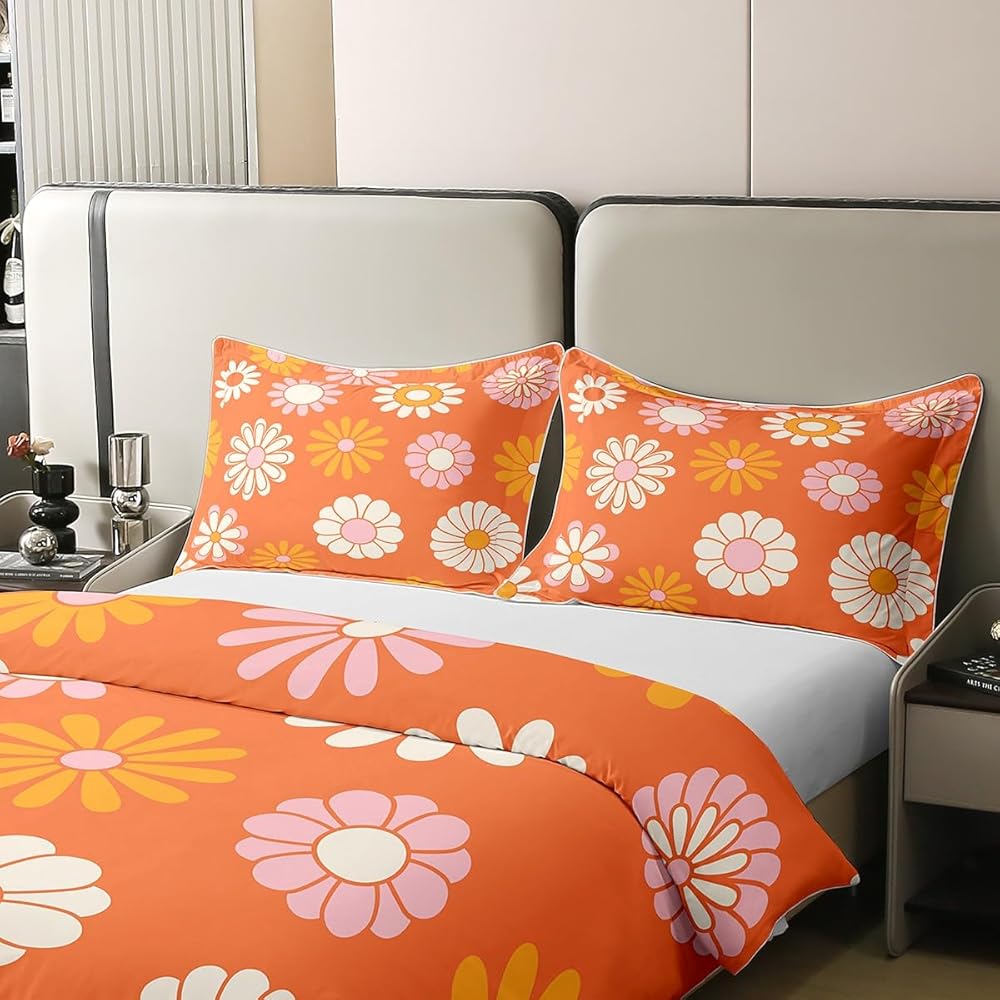 Homemissing 60s 70s Groovy 100% Coton Housse de Couette 220x240cm Vintage Hippie Fleurs Literie Vintage bohème Plantes Fleurs Parure de lit Coton Housse de Couette Blossom Orange Literie Ensemble : Cuisine et Maison