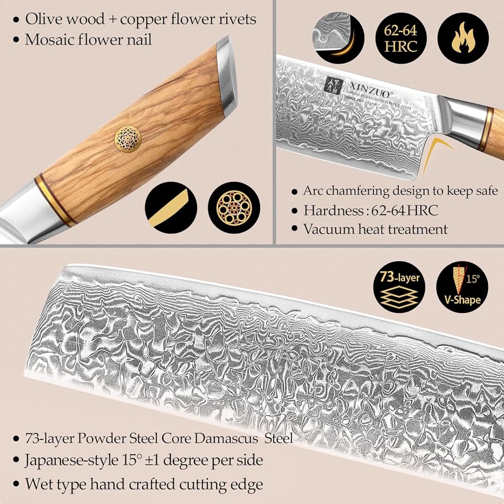 XINZUO Acier en Poudre de Damas 18.2cm Couteau Nakiri, Tranchants Couteaux de Cuisine Acier Damas 73 Couches Couteau à Légumes Couteau de Chef-Poignée Ergonomique en Bois d'Olivier : Cuisine et Maison