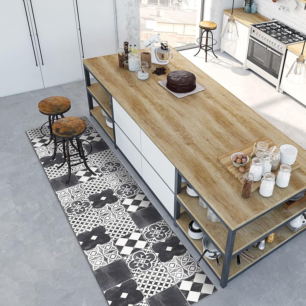 CREARREDA Tapis de Cuisine antidérapant Carreaux de Ciment en Ardoise 240x50 cm Tapis de Protection de Sol en Vinyle 100% fabriqué en Italie, avec Encre Non Toxique, Ignifuge et résistant à l'eau : Cuisine et Maison