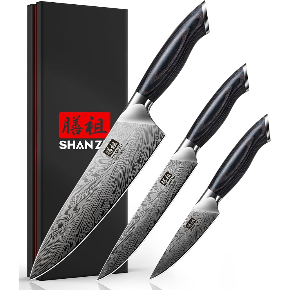 SHAN ZU Set Couteau Cuisine en Acier Poudré, Ensemble de 3 Couteaux Japonais à Acier Inoxydable Haute Dureté, Manche Ergonomique en Bois, Couteau de Chef, Couteau de Universel et Couteau d'office : Cuisine et Maison