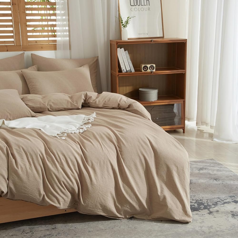 YASMENG Housse de Couette Demi-Lin 200x200 Brun Parure de Lit Mélangé Doux Respirant Douillet Coton Lin Linge de Lit 2 Personne avec Fermeture Éclair et Taies d'oreiller 65x65 cm : Cuisine et Maison
