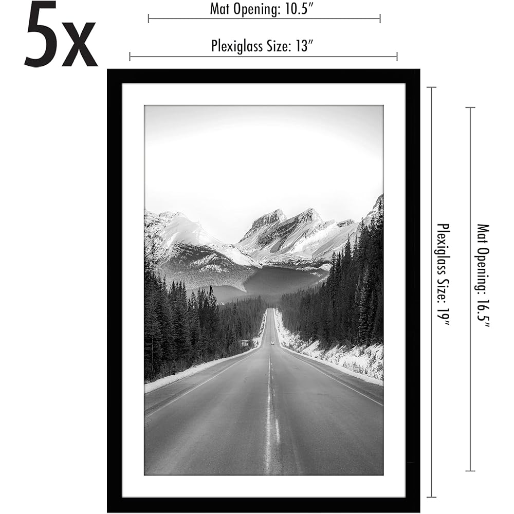 Americanflat Collection Galleria - Lot de 5 cadres photo de 28 x 43,2 cm avec passe-partout ou cadre de 33 x 48,3 cm sans passe-partout - cadre photo mural avec vitre en plexiglas poli - noir : Cuisine et Maison