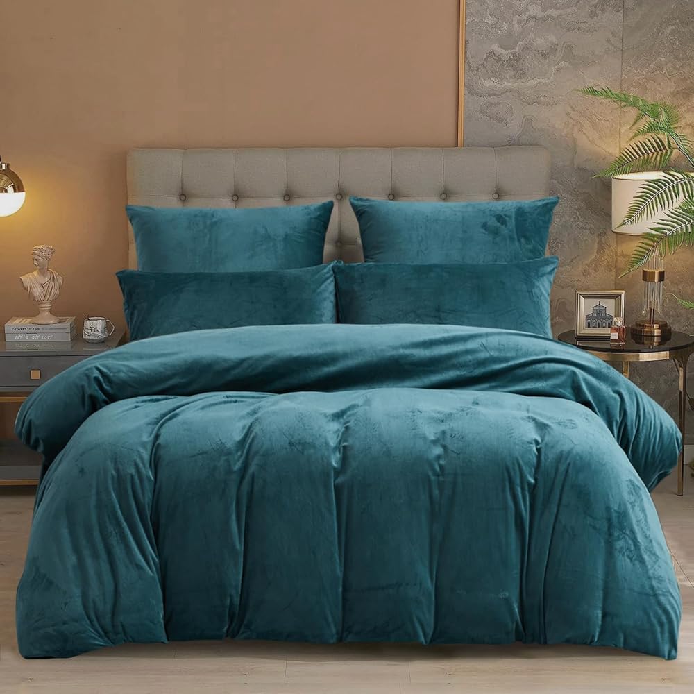 Damier Parure de lit d'hiver en peluche 200 x 220 cm Bleu pétrole turquoise cachemire 3 pièces – 1 housse de couette 200 x 220 cm avec fermeture éclair et 2 taies d'oreiller 80 x 80 cm : Cuisine et Maison