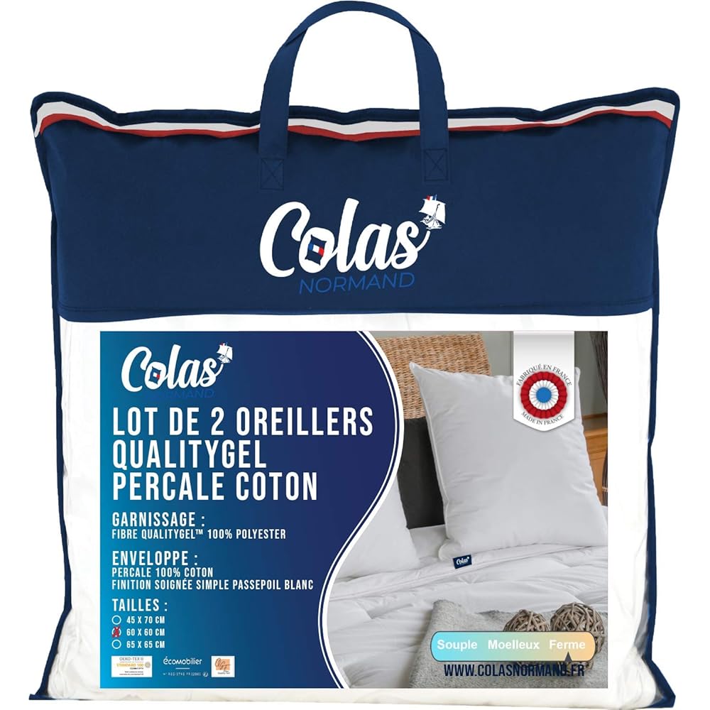 COLAS NORMAND - Lot de 2 Oreillers QualityGel Percale 100% Coton - Ferme - 60x60cm - Soutien cervicale - Qualité hôtel - Doux - Fabrication française - Blanc : Cuisine et Maison