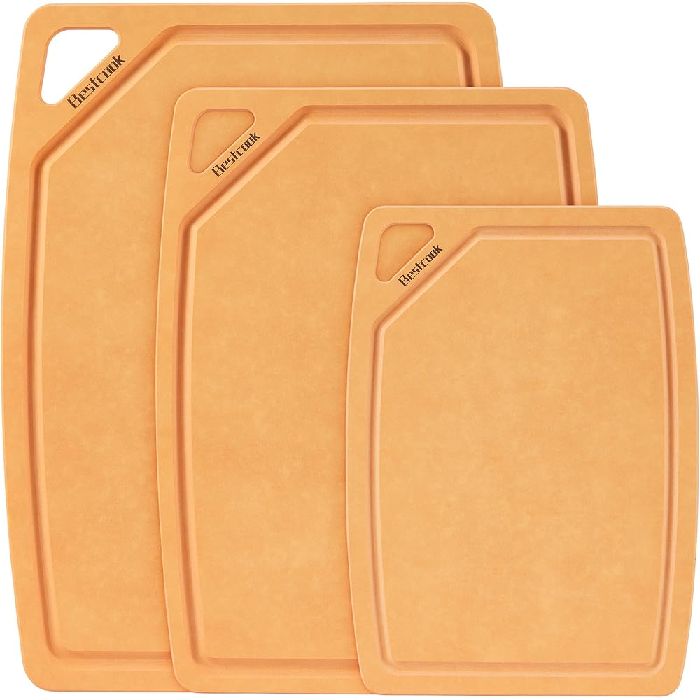 Bestcook Lot de 3 planches à découper en fibre de bois pour cuisine - Passe au lave-vaisselle - Avec pieds antidérapants et rainures pour jus - Charcuterie et planche à découper pour viande, légumes, : Cuisine et Maison