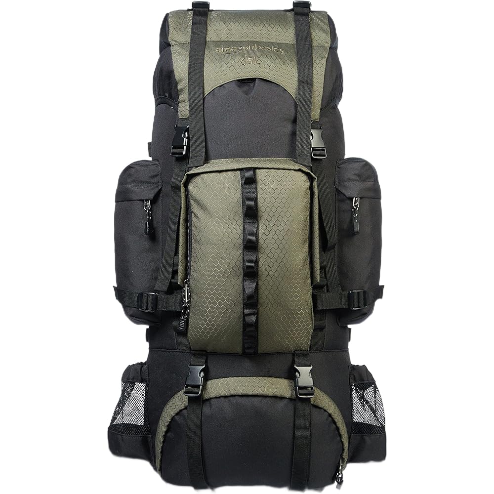 Amazon Basics Sac à Dos de randonnée à Armature intérieure avec Housse de Pluie, 65 L, Vert : Sports et Loisirs