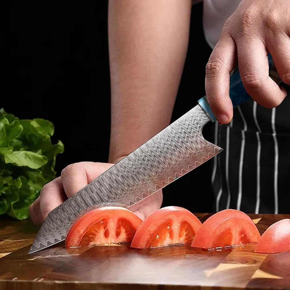 oFuun Set Couteau Cuisine, 5pcs Couteaux Damas, Couteaux Japonais Lame en Acier Damas 67, Lot de Couteaux Cuisine Professionnelle, Ergonomique Résine Bleue Handle : Cuisine et Maison