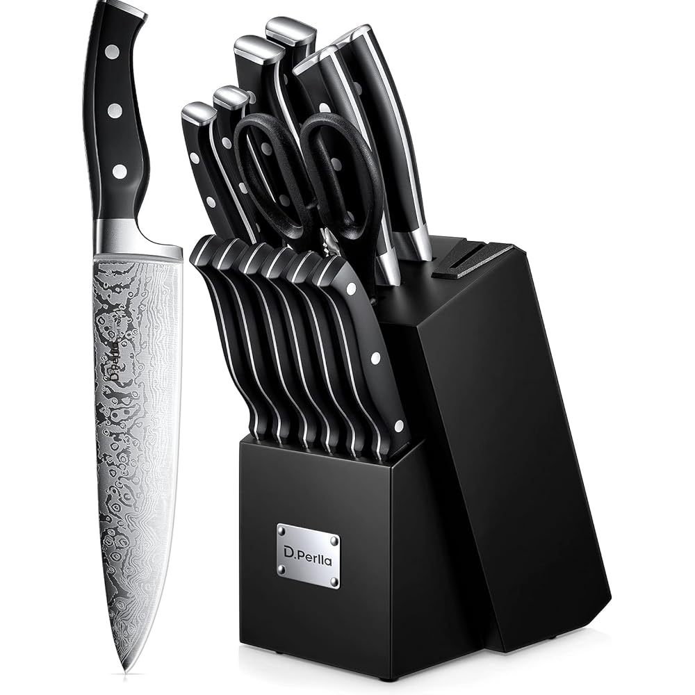 D.Perlla Couteau Cuisine, Bloc de Couteaux 14 pièces avec Affûteur Intégré, Bloc de Bois Noir, Couteaux Ciseaux, Acier Inoxydable, Manche Noir : Cuisine et Maison