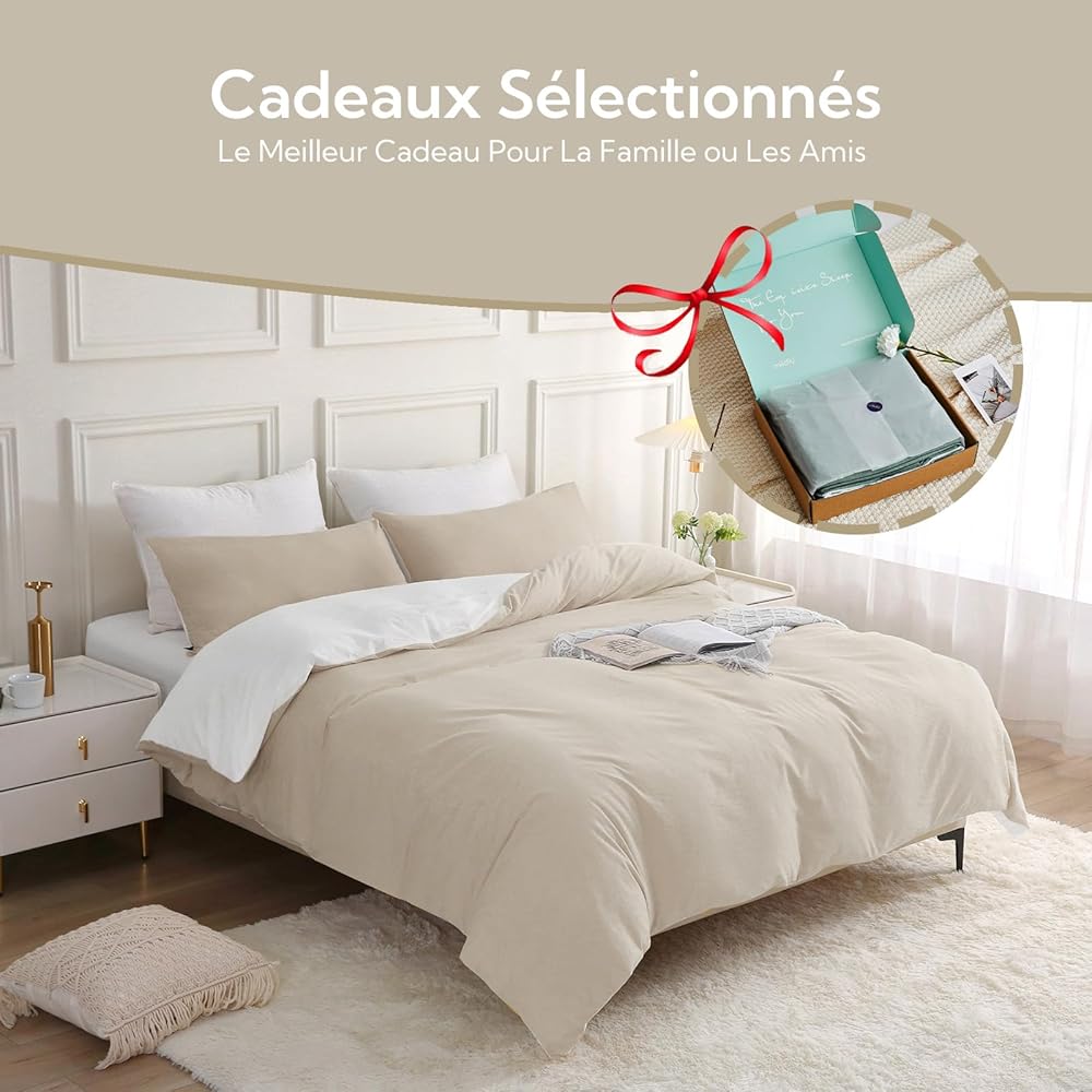 MILDLY Housse de Couette 240x260 Coton, 100% Coton Lavé Parure Housse Couette, Certifié Oeko-TEX, Chameau Beige Parure de Lit 240x260 Coton avec Fermeture Éclair avec 2 Taie d'oreiller 65x65 cm : Cuisine et Maison