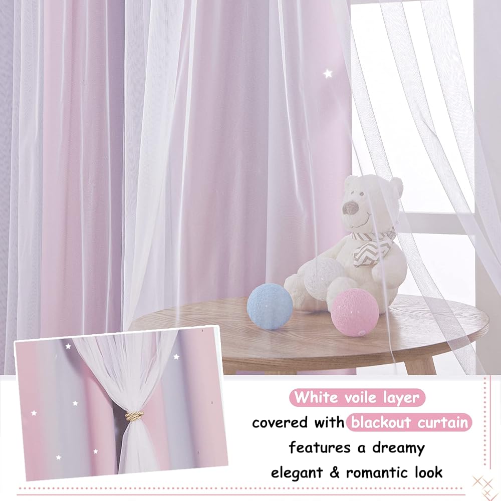 NICETOWN Rideau Chambre Fille - Rideaux Occultant avec Blanc Voilages Décoration pour Chambre Enfant Motif Forme Etoiles à Oeillets, L 132 sur H 240 cm, Rose + Violet, 2 Pièces : Cuisine et Maison