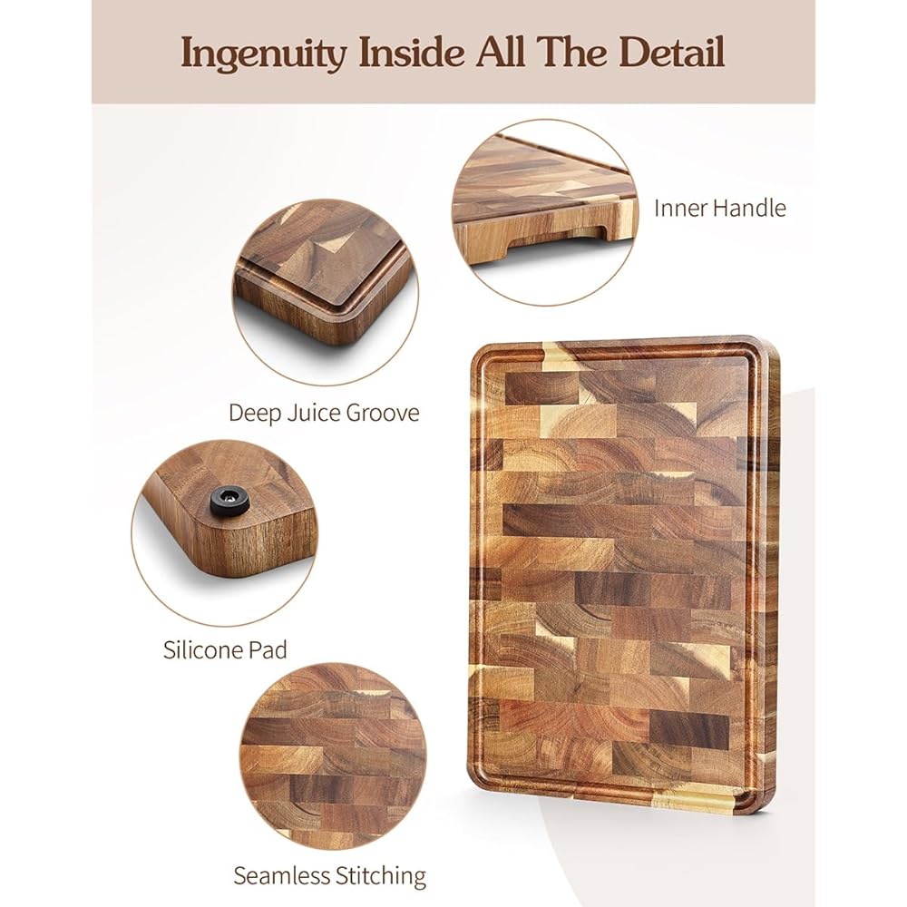 XINZUO Planche à Découper en Bois d'Acacia- Tranchoir Planchette Ustensile de Cuisine- Fabriquée à la Main en Bois End Grain- avec Pieds Antidérapants, Poignées Latérales et Rainure pour le Jus : Cuisine et Maison