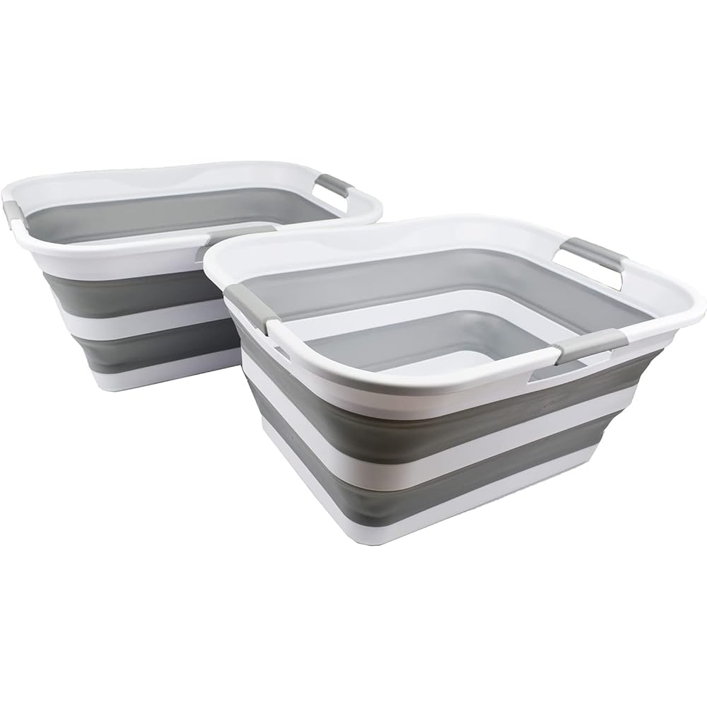 SAMMART Panier à linge pliable en plastique de 42 l – Conteneur de rangement pliable – Baignoire à linge portable – Panier économiseur d'espace (blanc/gris (lot de 2) : Cuisine et Maison