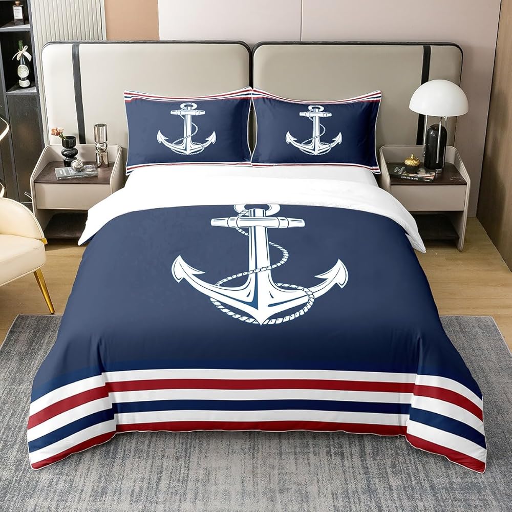 Homemissing Ancre Literie Set Marine Bleu 100% Coton Housse de Couette 200x200cm Femmes Ultra Doux Aventure Marine Parure de Lit océan Ensemble de lit Chambre Ensemble de Literie : Cuisine et Maison