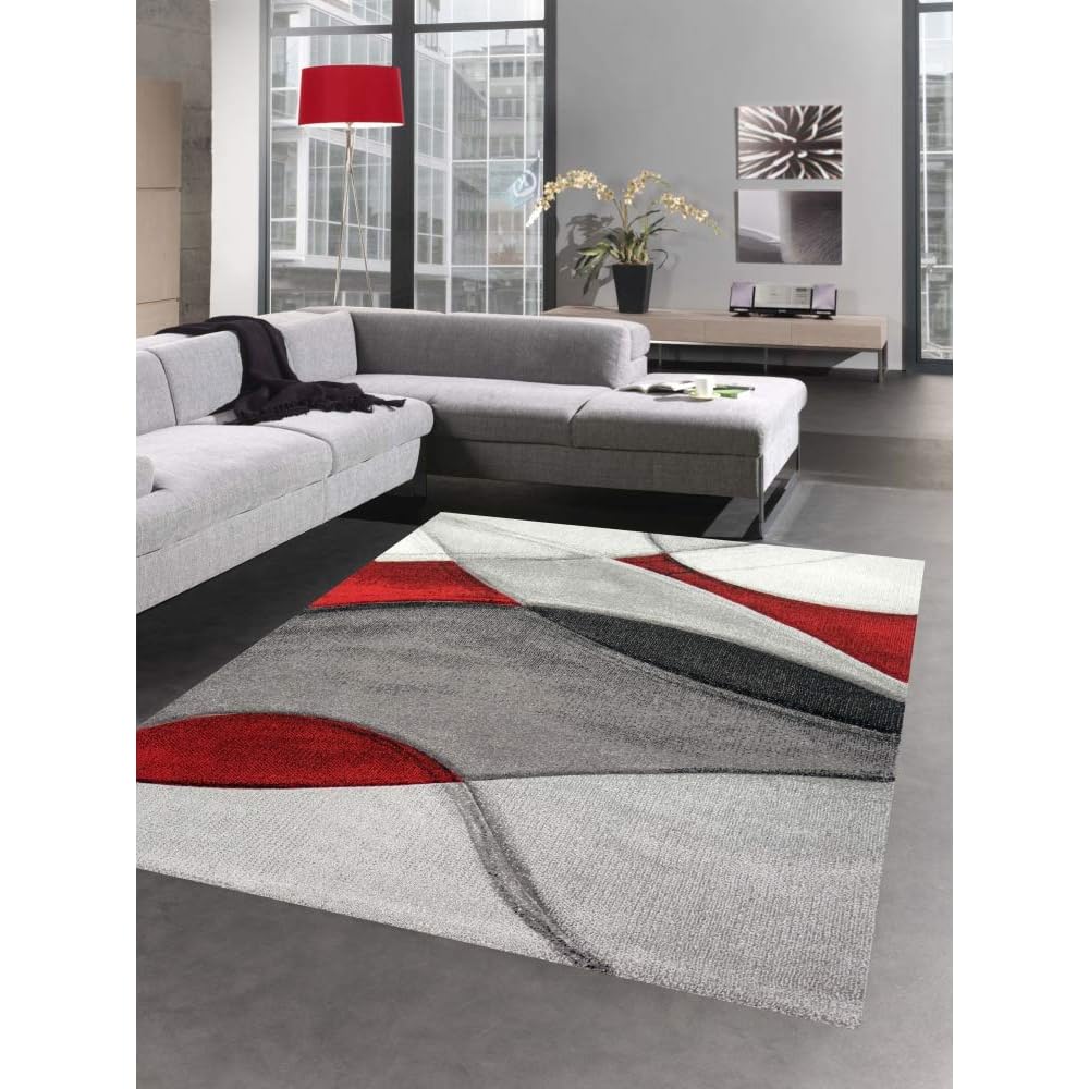CARPETIA Tapis Moderne Tapis Salon Vagues Rouge Gris Noir Größe 80x150 cm : Cuisine et Maison