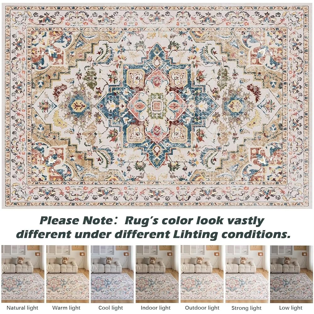 CHOSHOME Grand tapis vintage classique et antidérapant en fausse laine lavable en machine pour salon et chambre à coucher Beige 160 x 230 cm : Cuisine et Maison