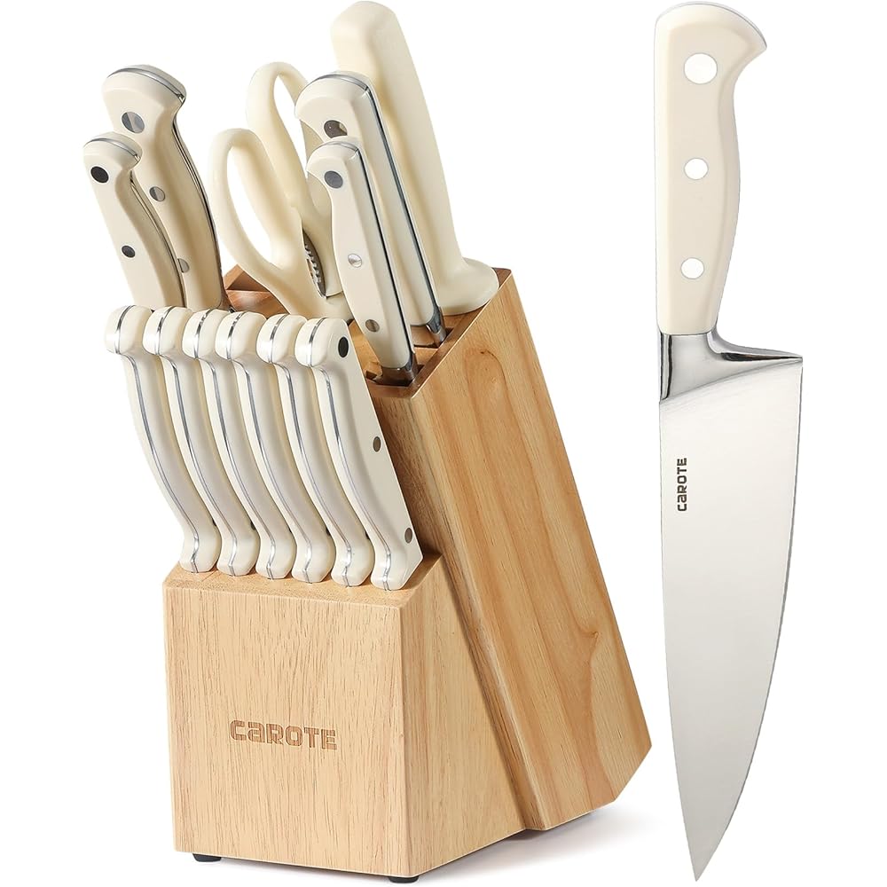 CAROTE 14 Pièces set Couteau Cuisine Professionnels en Acier Inoxydable, avec Bloc Couteaux en Bois, Compris Couteaux à Steak, Couteau de Chef,etc : Cuisine et Maison
