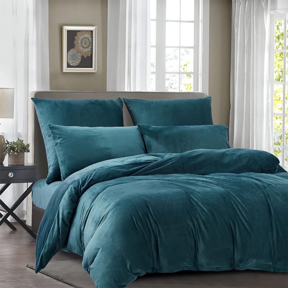 Damier Parure de lit d'hiver en peluche 200 x 220 cm Bleu pétrole turquoise cachemire 3 pièces – 1 housse de couette 200 x 220 cm avec fermeture éclair et 2 taies d'oreiller 80 x 80 cm : Cuisine et Maison
