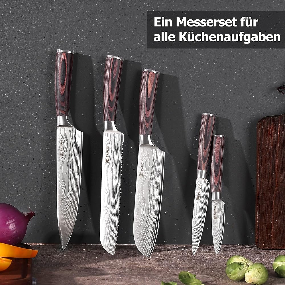 PAUDIN Set Couteau Cuisine Professionnel, 5 Pièces Ensembles de Couteau Japonais Tranchants, Acier Inoxydable, Couteau de Chef Santoku Universel Fruit Pain, Manche en Bois : Cuisine et Maison