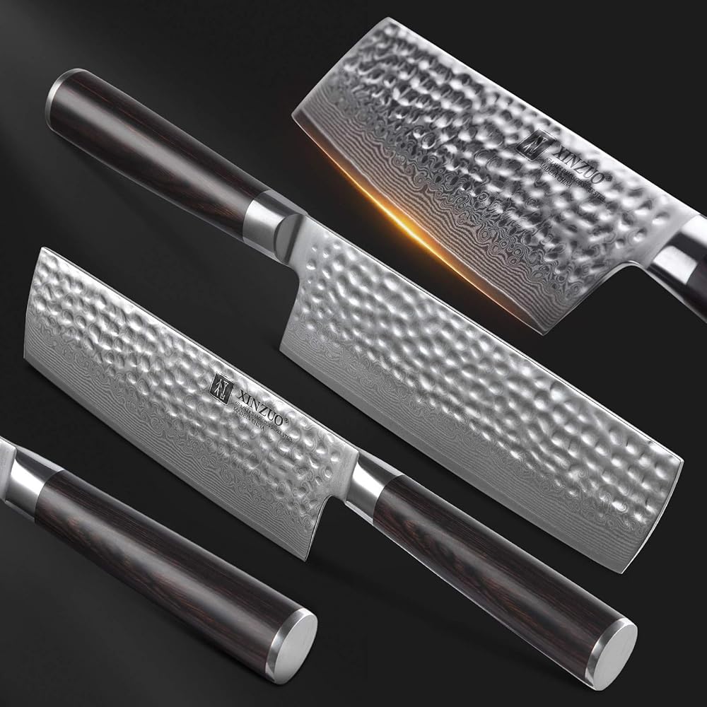XINZUO 17cm Couteau Nakiri Acier Damas, Couteau à Légumes Chef en 10Cr15CoMoV Acier Damas, Professionnel Finition Martelée Lames Bien Tranchantes avec Poignée en Bois de Pakka -He Série : Cuisine et Maison