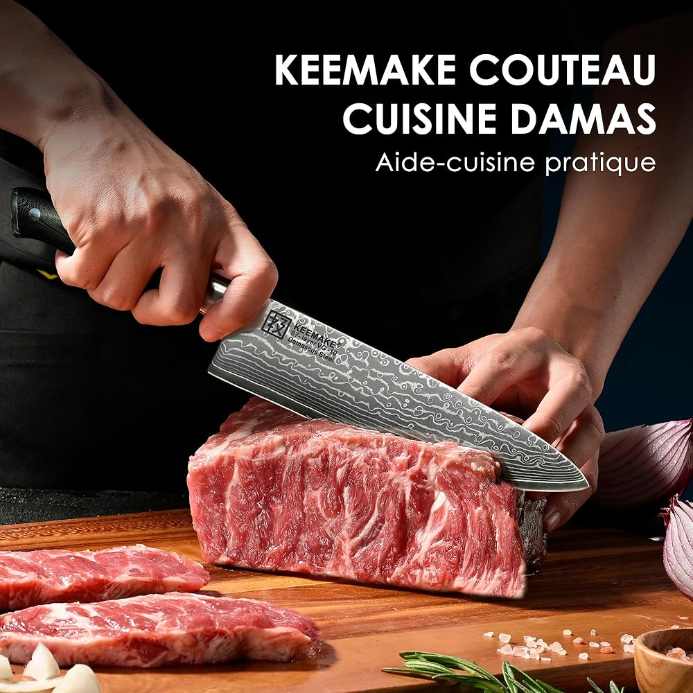 KEEMAKE Couteau Cuisine Professionnel Chef 20cm, Couteaux de Cuisine Damas Acier Japonais 67 Couches Poignée G10 pour Viande Légume : Cuisine et Maison