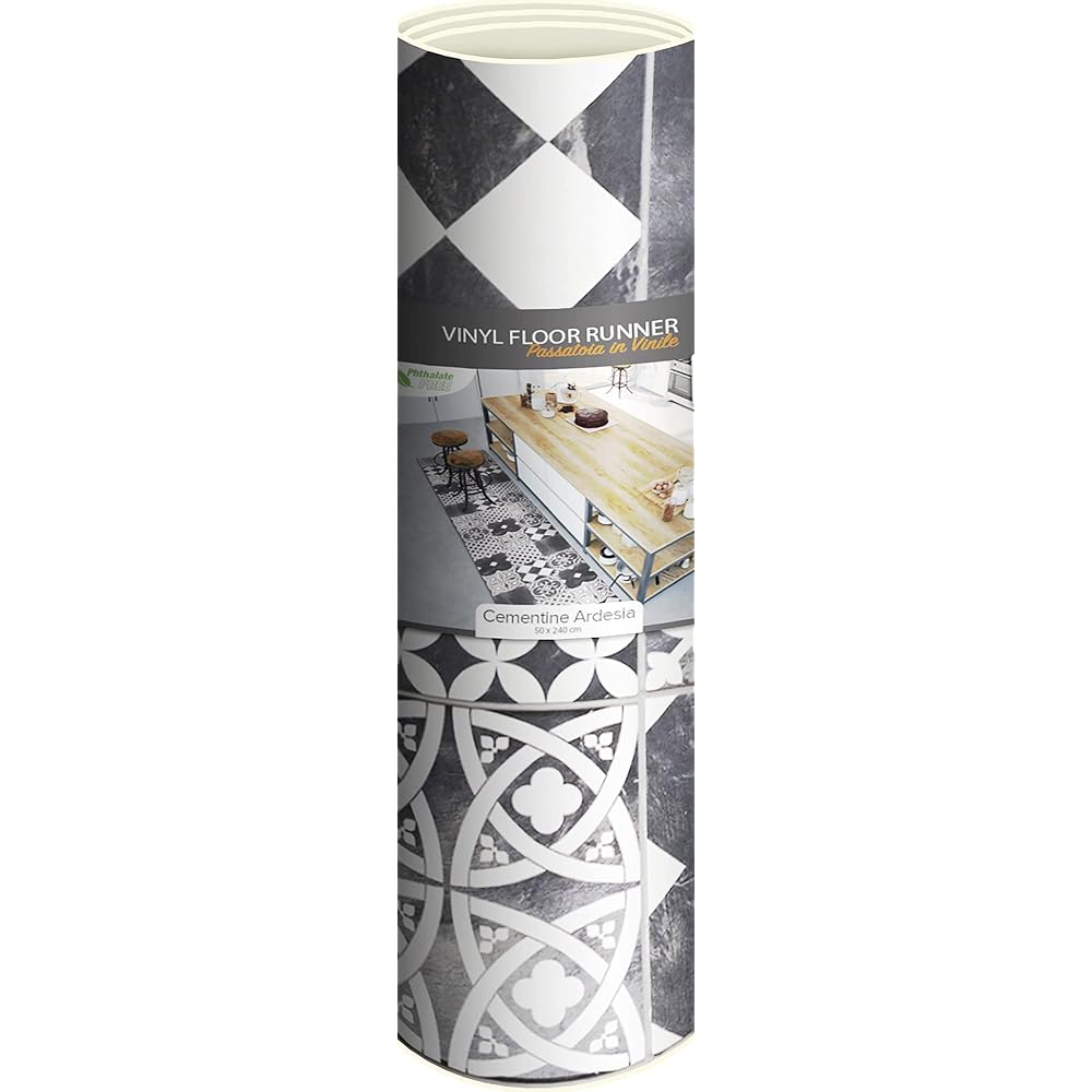 CREARREDA Tapis de Cuisine antidérapant Carreaux de Ciment en Ardoise 240x50 cm Tapis de Protection de Sol en Vinyle 100% fabriqué en Italie, avec Encre Non Toxique, Ignifuge et résistant à l'eau : Cuisine et Maison