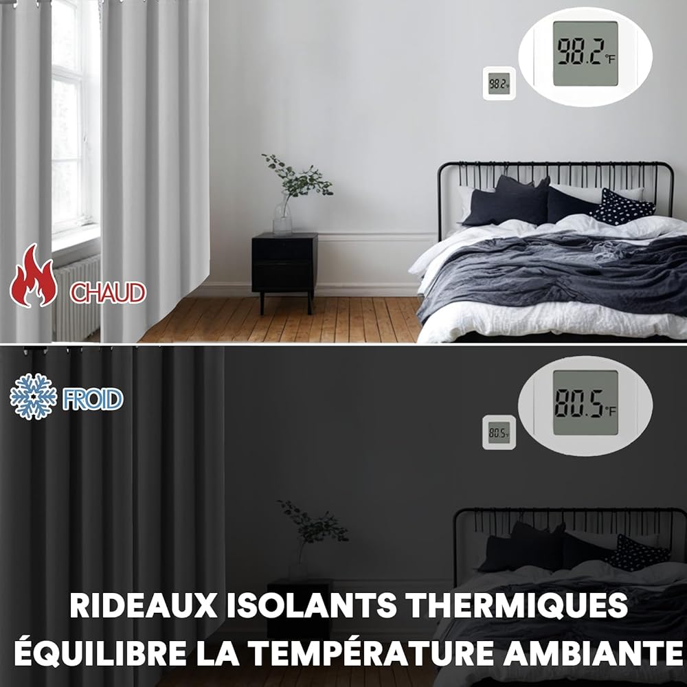 BellaHills 100% Rideaux Occultant 2 Panneaux Tenture,Rideau Thermique Isolant Anti Froid et Chaleur,pour Maison Salon et Chambre,140x260CM,Gris Clair : Cuisine et Maison