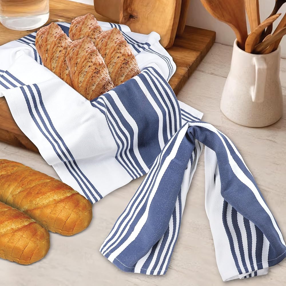 Urban Villa Serviettes de Cuisine, Rayures Tendance, torchons 100% Coton, Coins à onglets, (Taille: 51X76 cms), Serviettes de Bar et torchons très absorbants Bleu Indigo/Blanc - (Lot de 6) : Epicerie