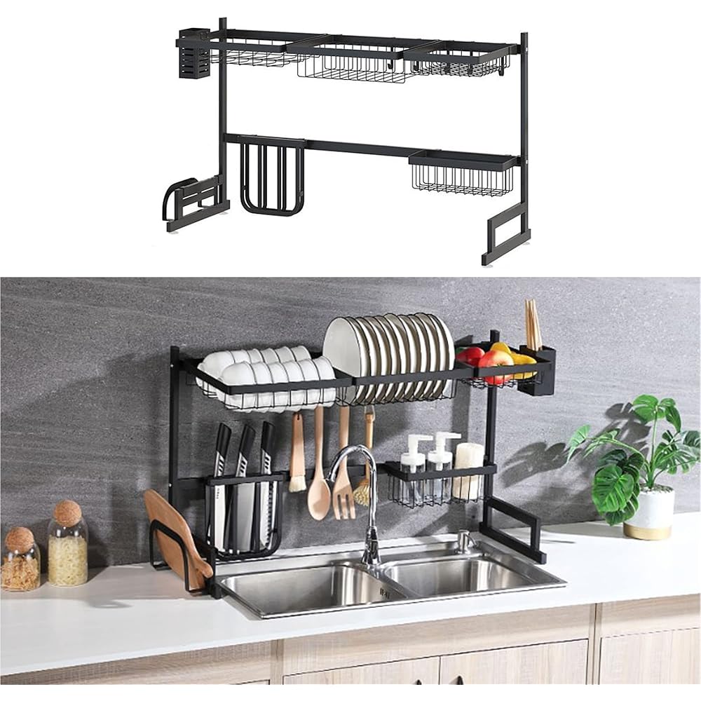 MINGYI Égouttoir à Vaisselle sur Évier, avec 4 Paniers, Cage à Baguettes et Porte-Couteau, Organisateur Cuisine Multifonctionnel, Séchoir à Vaisselle Antirouille (Noir I) : Cuisine et Maison