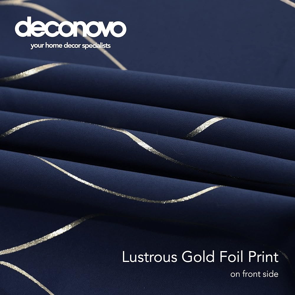 Deconovo Lot de 2 Rideau à Oeillets Chambre Fille Motifs Ligne Dorée Rideaux Thermique Anti Froids Occultant Isotants 132x160cm Bleu Marine : Cuisine et Maison