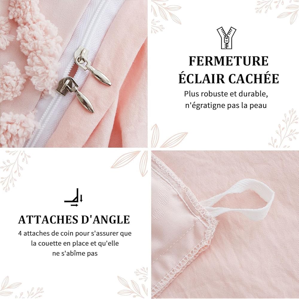 Tospass Housse de Couette Bohème Style 240x260cm Rose Tuftée Broderie Parure de lit Adulte Boho 2 Personnes avec Fermeture Éclair Parure Housse Couette en Microfibre avec 2 Taie d'oreiller 65x65cm : Cuisine et Maison
