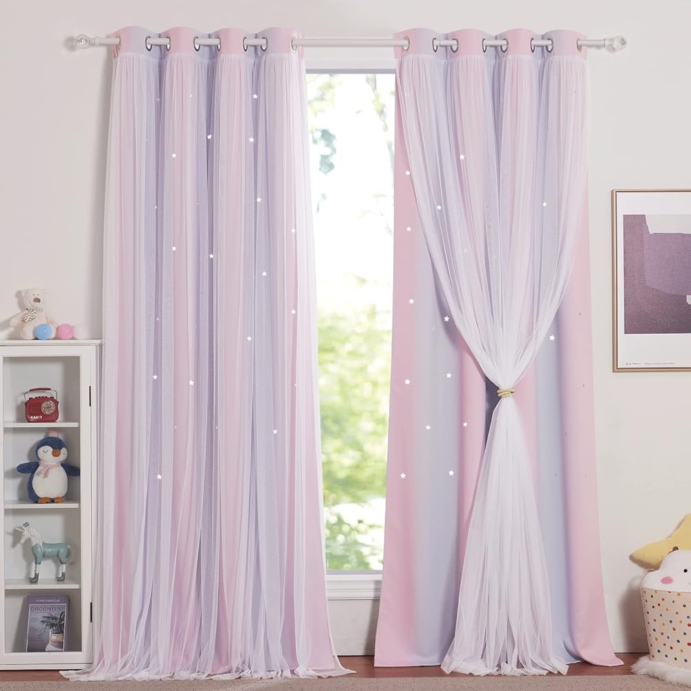 NICETOWN Rideau Chambre Fille - Rideaux Occultant avec Blanc Voilages Décoration pour Chambre Enfant Motif Forme Etoiles à Oeillets, L 132 sur H 240 cm, Rose + Violet, 2 Pièces : Cuisine et Maison