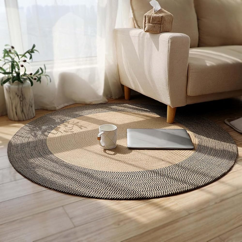 INKAROBOX Tapis rond tissé à la main en pur coton avec pompons au look rétro pour chambre à coucher, salon, table, bureau (noir/beige, 120 cm, rond) : Cuisine et Maison