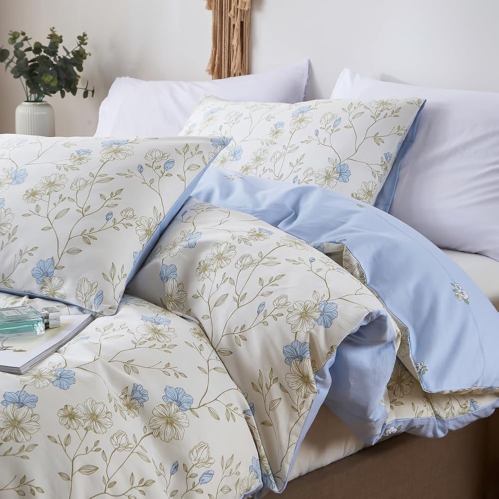 Michorinee Housse de Couette Coton 220x240 Fleurs Bleu et Blanc - 100% Coton Parure de Lit Motif Floral - Parure Housse Couette 2 Personnes avec 2 Taies d'oreiller 65x65 cm Fermeture Éclair : Cuisine et Maison