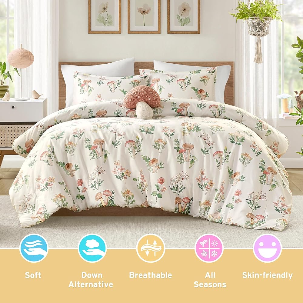 Intelligent Design Gwen Parure de lit 4 pièces en Microfibre légère pour Toutes Les Saisons, Oreiller décoratif et Couvre-Oreiller, Motif Floral fantaisiste et Champignon, lit Double/Grand lit, Vert : Cuisine et Maison