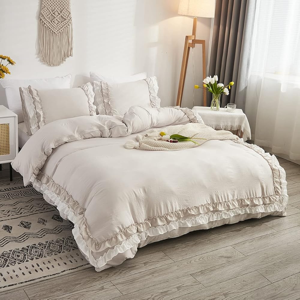 Sedefen Volants Romantique Parure de Lit 240 x 260cm Beige Housse de Couette 3 Pièces Bohémien Microfibre Parure de Lit Adulte avec Feuille de Lotus + 2 taie d'oreiller 65x65cm Avez Fermeture Éclair : Cuisine et Maison
