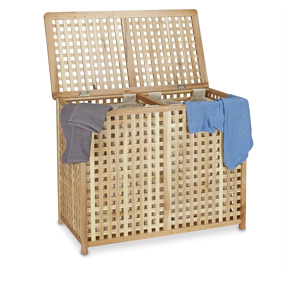 Relaxdays Panier à linge en bois de noyer double corbeille vêtements avec couvercle tri bac HxlxP 46,1 x 87,9 x 68,1 cm 2 compartiments coffre 2 sacs en lin blancs amovibles, couleur naturelle 10020155 : Cuisine et Maison