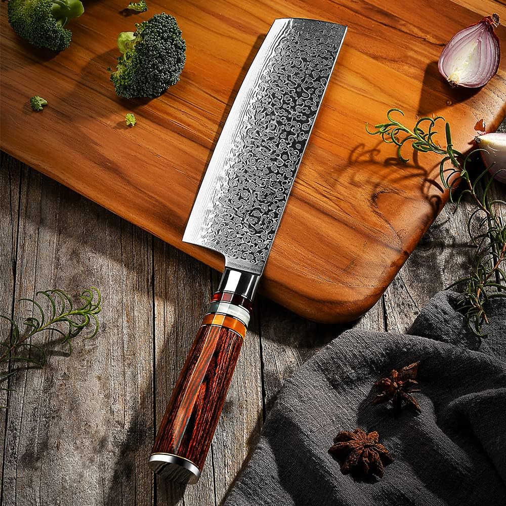 FANTECK Couteau de Cuisine Nakiri en Acier Damas de 67 Couche, Japonais de 18 cm, Professionnel, Manche en Bois de Pakka : Cuisine et Maison