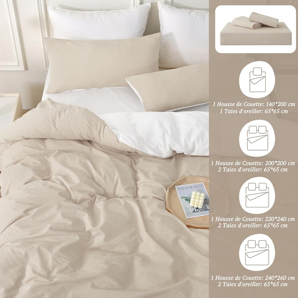 MILDLY Housse de Couette 240x260 Coton, 100% Coton Lavé Parure Housse Couette, Certifié Oeko-TEX, Chameau Beige Parure de Lit 240x260 Coton avec Fermeture Éclair avec 2 Taie d'oreiller 65x65 cm : Cuisine et Maison
