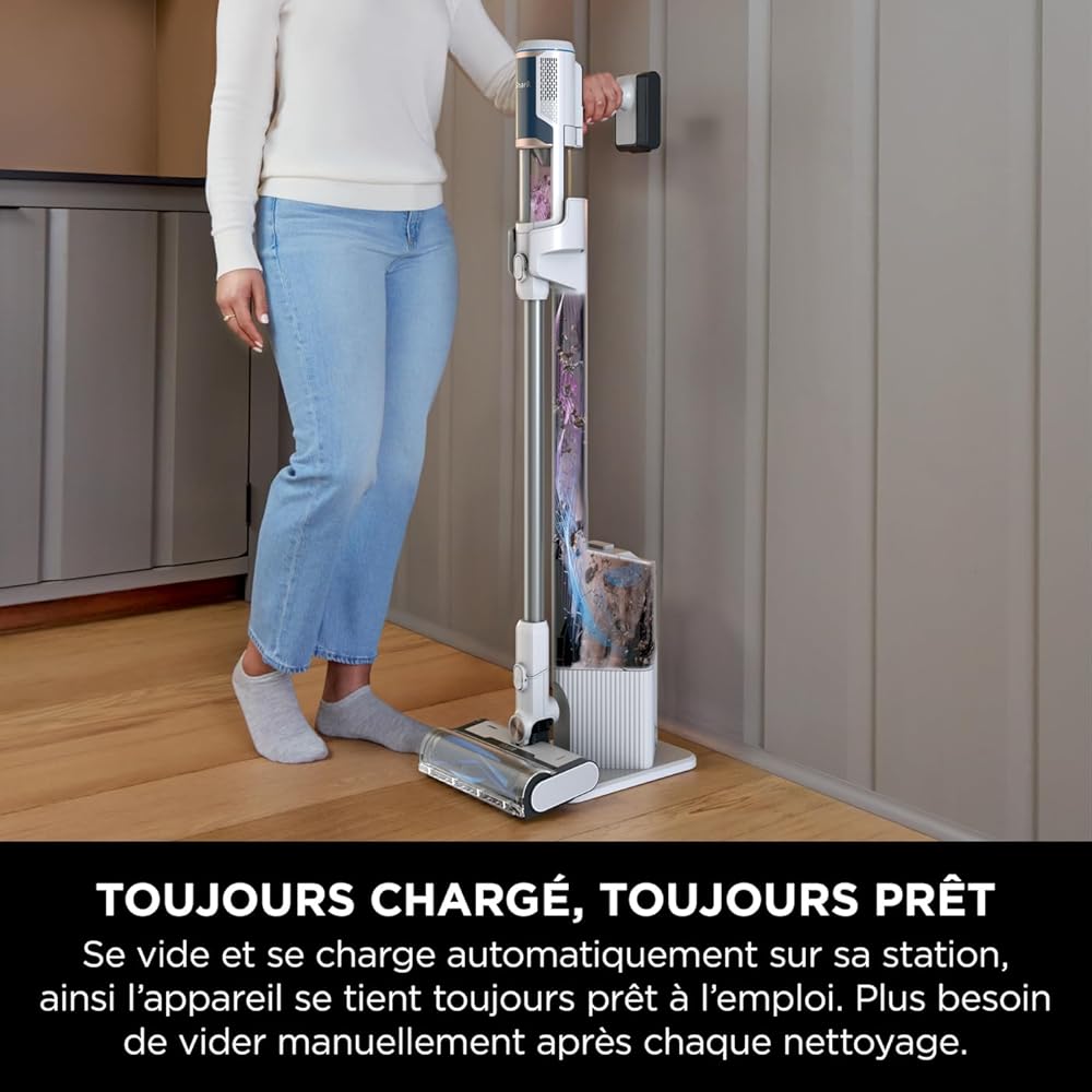 Shark Clean &amp; Empty Aspirateur sans fil, système vidange automatique, aspirateur léger anti-poils avec outils animaux et interstices, autonomie 40 minutes, station de chargement, blanc/bleu, BU3521EU : Cuisine et Maison