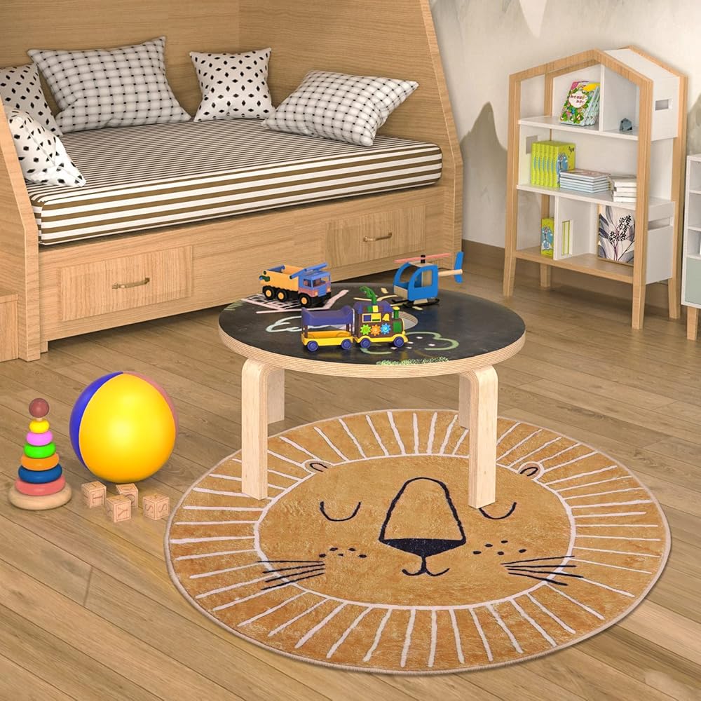 Rururug Tapis rond, diamètre 160 cm, marron, jaune, motif tête de lion, doux, en imitation cachemire, antidérapant, lavable, facile d'entretien : Cuisine et Maison