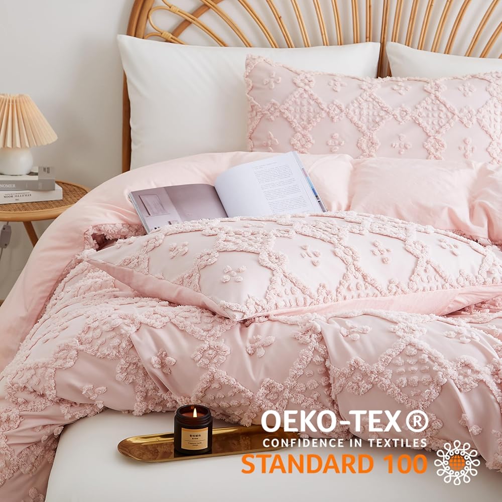 Tospass Housse de Couette Bohème Style 240x260cm Rose Tuftée Broderie Parure de lit Adulte Boho 2 Personnes avec Fermeture Éclair Parure Housse Couette en Microfibre avec 2 Taie d'oreiller 65x65cm : Cuisine et Maison
