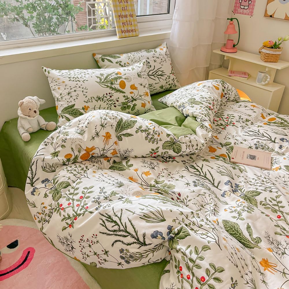Nyescasa Housse de Couette 220x240 Coton Vert Blanc Feuilles Fleurs Floral Réversible Parure de lit Adulte 2 Personnes Sets de Housses de Couettes avec Fermeture Éclair et 2 Taies d'oreiller 65x65 cm : Cuisine et Maison