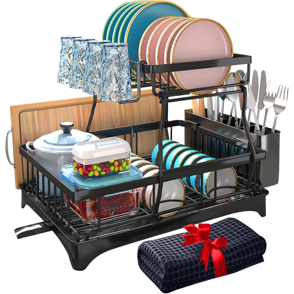 Godboat Égouttoir à vaisselle avec égouttoir, égouttoir à vaisselle à 2 niveaux pour comptoir de cuisine, égouttoir à vaisselle avec porte-ustensiles, passoire à vaisselle de grande capacité avec : Cuisine et Maison