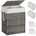 SONGMICS Panier à linge avec couvercle, panier à linge de 90 l avec 2 sacs à doublure amovible et 6 sacs en maille, panier à linge en osier, panier à linge double pour salle de bain, 33 x 45 x 60 cm, : Cuisine et Maison